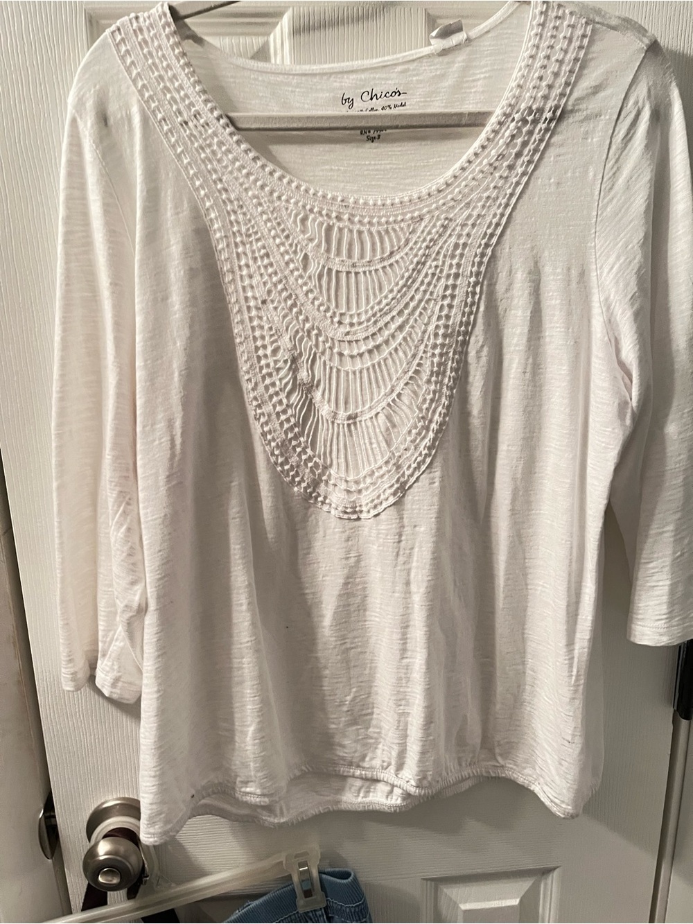 Chico's White Long-Sleeve Scoop Neck Top with Crochet Bib 60% cotton 40% modal
